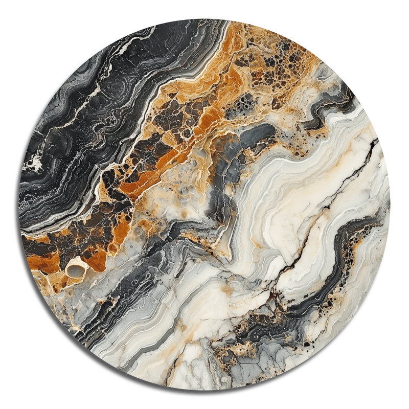 Éternelle balance de marbre dans les tons de terre I - art mural rond en métal moderne pour le salon, H 16 po x l 16 po
