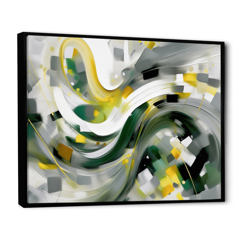 «Yellow and Green Abstracted Perspectives I» sur toile, H 24 po x l 32 po x P 1 po, Cadre flottant noir