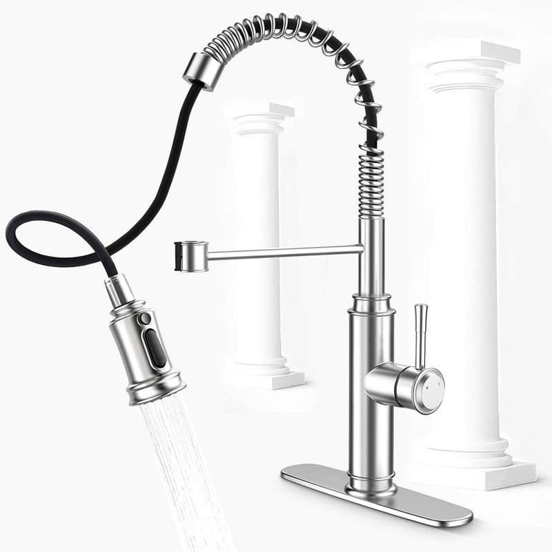 Robinet de cuisine - Robinet d'évier de cuisine à ressort avec pulvérisateur rétractable à 3 modes, poignée simple et plaque de pont pour trous 1 ou 3, rotation à 360 °, acier inoxydable sans plomb pour barre de camping-car