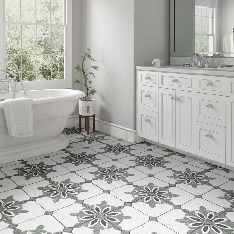 Riviera Octagon Antibes Verde avec Taco 7-7 / 8 po X 7-7 / 8 po Carreau de porcelaine pour plancher et mur, Blanc/vert