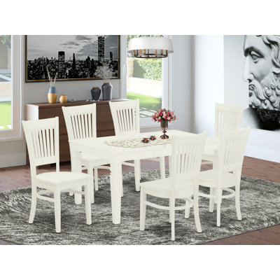 7 Piece Dining Table Set Consist of a Rectangle Dinner Table with Butterfly Leaf and 6 Dining Room Chairs, Linen White