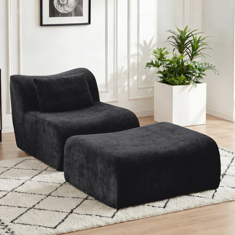 Wiliams Armless Accent Chair And Ottoman Set, Black