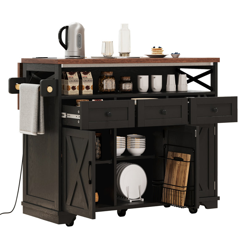 Îlot de cuisine avec station de charge électrique, rideau de perles, abattant, 3 armoires, tiroirs, îlot noir, matériel de suspension, portes, tablette interne, roulettes