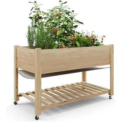 Lit de jardin surélevé avec roues, jardinière surélevée de 48 x 24 x 30 pouces avec roulettes verrouillables et tablette de rangement, lits de jardin en bois pour les légumes, les fleurs, le patio, le jardinage