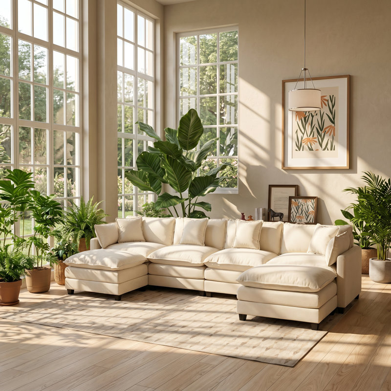 Cloud 35" W x 113.8" D x 33.1" H 3-Seat Chenille Modular Sectional Sofa, Beige Chenille, 33.1" H x 113.8" W x 35" D