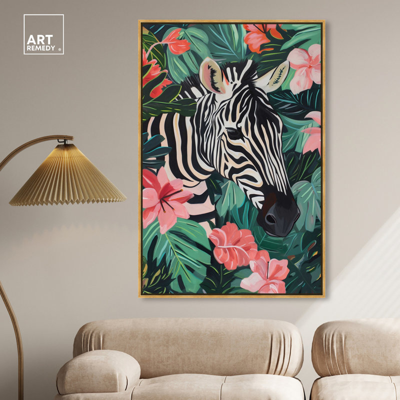 Zebra in Tropical Jungle Canvas Art with Gold Frame, 36" x 54"