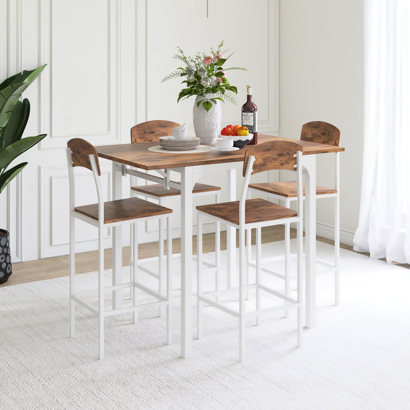 Ensemble de table de salle à manger 5 pièces à hauteur de comptoir extensible, Blanc, Brun