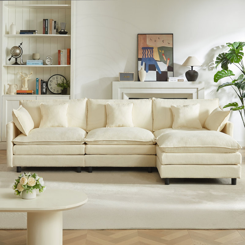 Canapé modulaire modulaire en L avec repose-pieds mobile et tissu chenille, L 110 po, Chenille beige, Noir