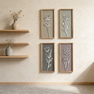 3D Wooden Floral Wall Decor Set of 4, Framed Boho Botanical Farmhouse Wall Art