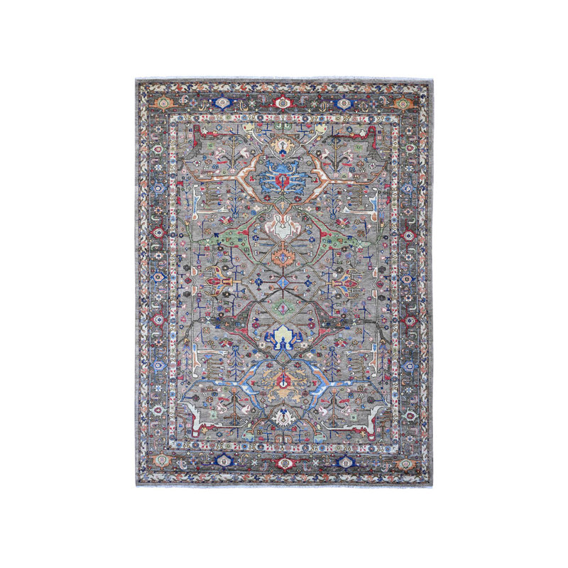 Tapis gris en laine noué à la main 8 pi 9 po x 12 pi Nevada Peshawar Bijar Garus