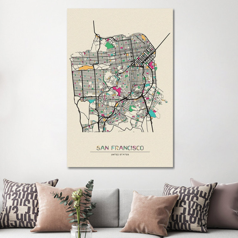 Carte de San Francisco, Californie par - Giclée sur toile tendue avec châssis, H 60 po x l 40po x P 1,5 po