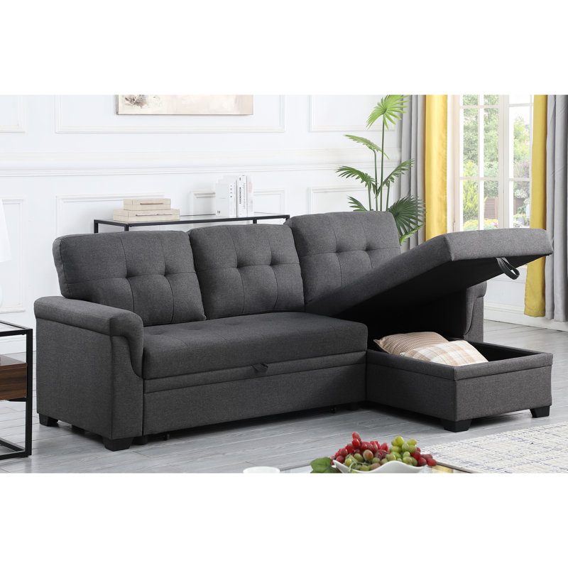 Canapé modulaire 84 po avec toile de lin gris foncé, hauteur 35 po, canapé-lit modulaire réversible en lin à piqûres moelleuses, rangement, profondeur de siège 18 po, rembourrage en mousse