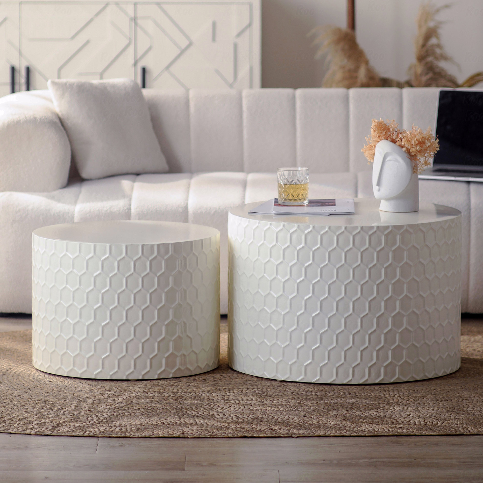 Stylish and Minimalist Nesting Coffee Table Set with Honeycomb Design, Modern Round Drum Circle Coffee Table for Living Room, Bedroom, Beige (Set of 2 Pieces) main image 0
