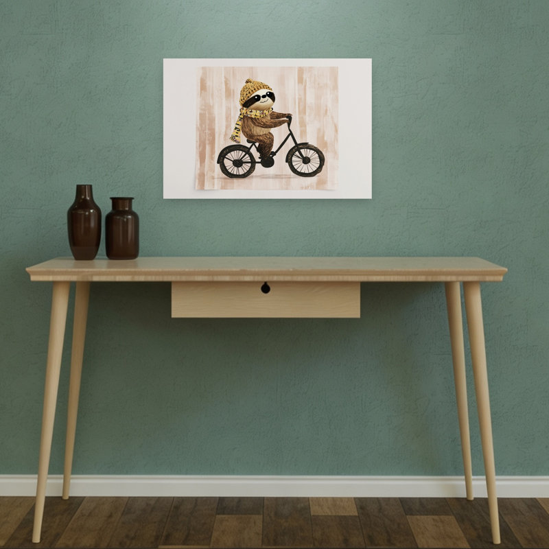 Happy Sloth Riding Bike Playful Whimsical Contemporary Animal Winter Wall Art Print by Mathieu - Wrapped Canvas Print