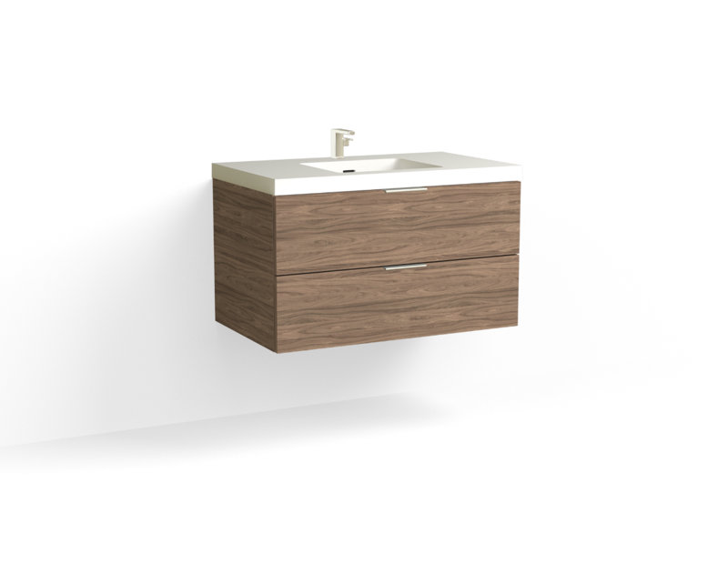 Avila 36" W Wall Mounted Single Bathroom Vanity, Glossy White/8" Widespread, Nocino, Satin Nickel