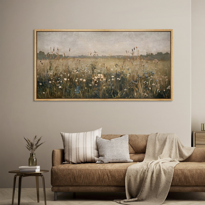Muted Meadow Wildflower Landscape Framed Canvas Wall Art - Rustic Nature Scene for Entryway or Study, 30" H x 60" W, Natural