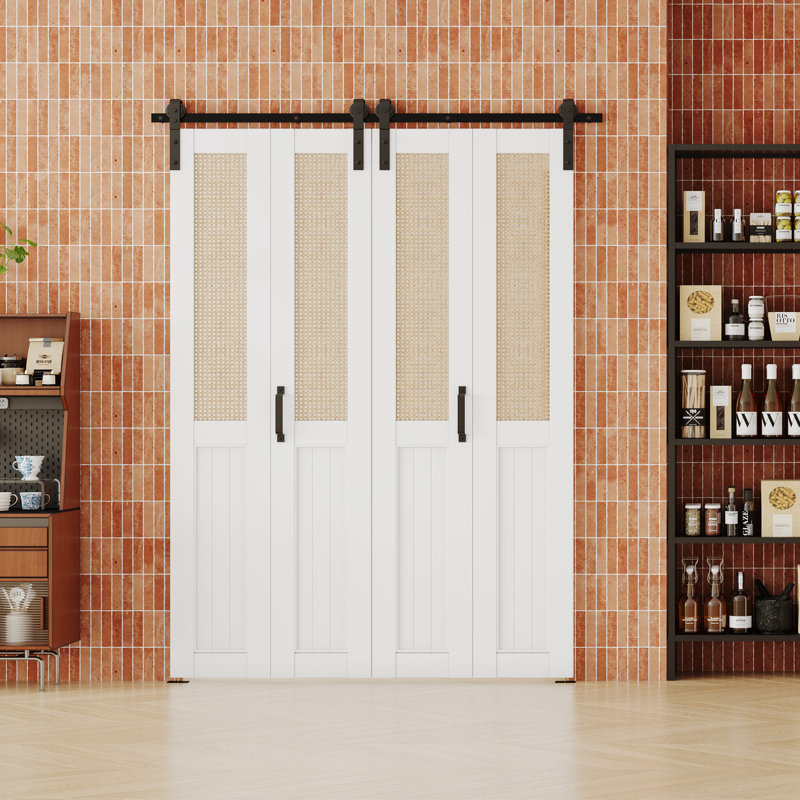 Porte de grange pliante Bifold - Porte intérieure en rotin tissé à la main avec quincaillerie d'installation