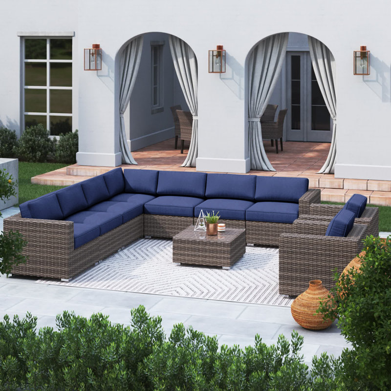 Ensemble de conversation pour 8 personnes avec coussins Sunbrella en osier Hepscott, Bleu marine, Brun