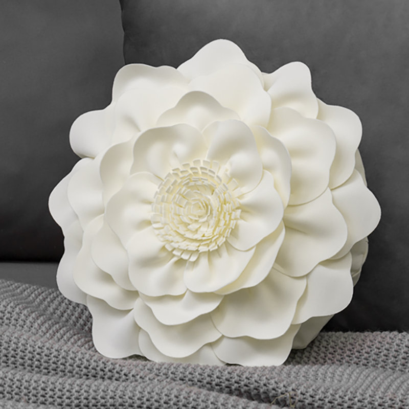 3D Peony Flower Accent Pillow Handmade Cushion Appliqued Decorative Throw Pillow Cover & Insert 14in, Cream