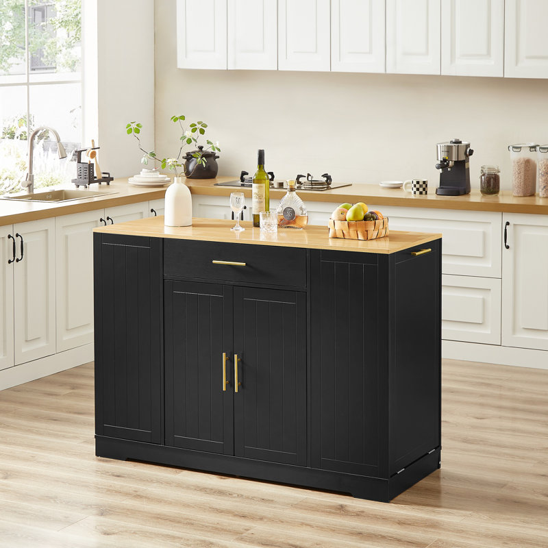 Grand îlot de cuisine de 53 pouces avec armoire de rangement pour poubelle, table pour îlot avec tiroir et tablettes réglables, meuble-bar pour poubelle de 13 gallons