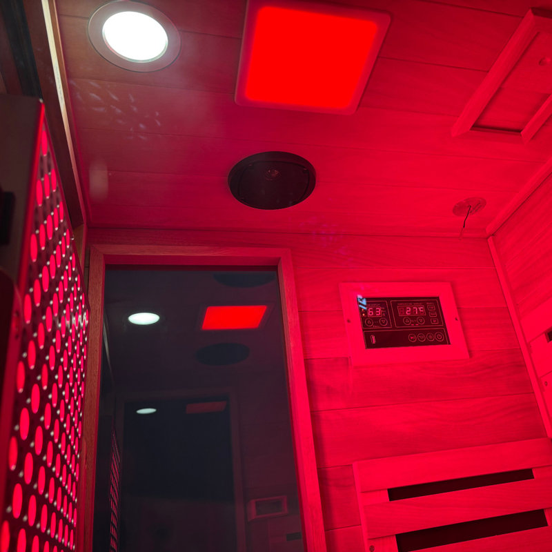 1 Person Far Infrared Sauna Front Door With Bluetooth Music Player, Reading Light, 7-Color Therapy Lighting, 7 Low EMF Heaters , Wooden Sauna Room For Indoor Use