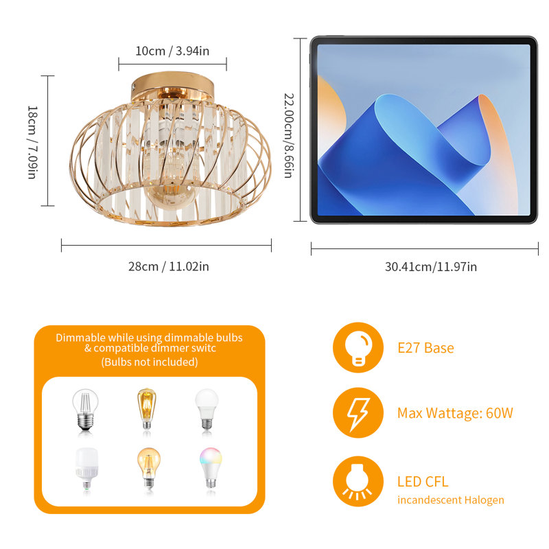 28CM Crystal Iron Small Flush Mount, Gold