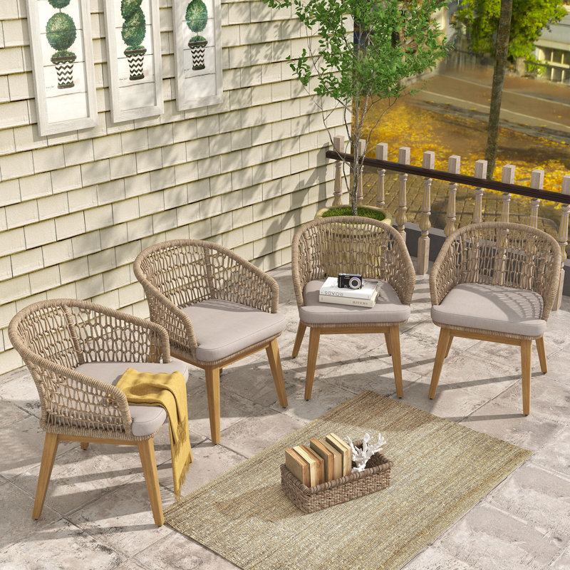 Chaises de salle à manger d'extérieur en corde tressée avec coussin (ensemble de 4), Beige