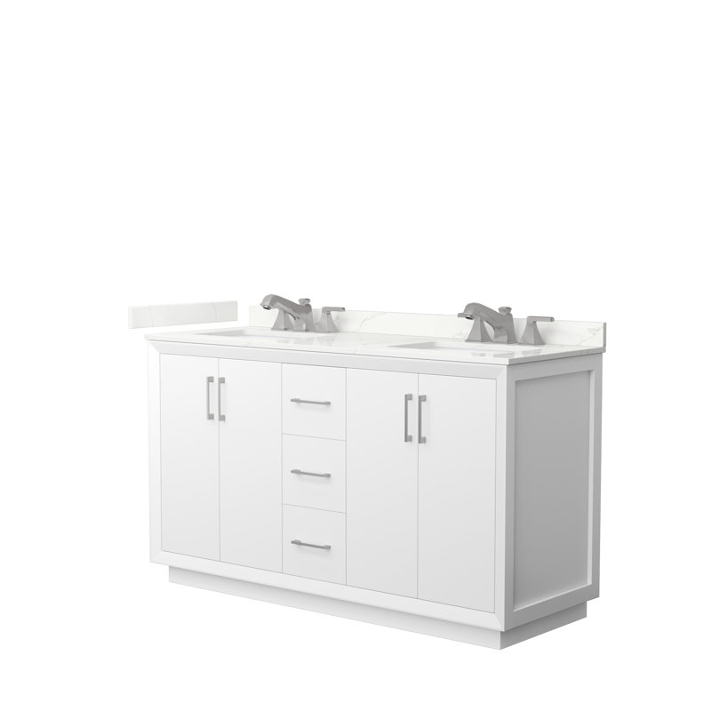 Meuble-lavabo double autoportant 60 po avec plateau en quartz Strada, Quartz Giotto, Blanc, Nickel brossé