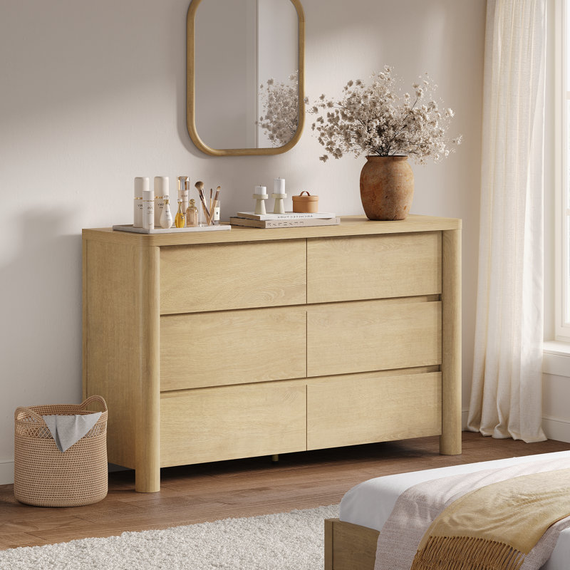 Rondo 52.7"W Natural Wood 6 Drawers Dresser Modern Dresser Chest For Bedroom Living Room, Natural Oak