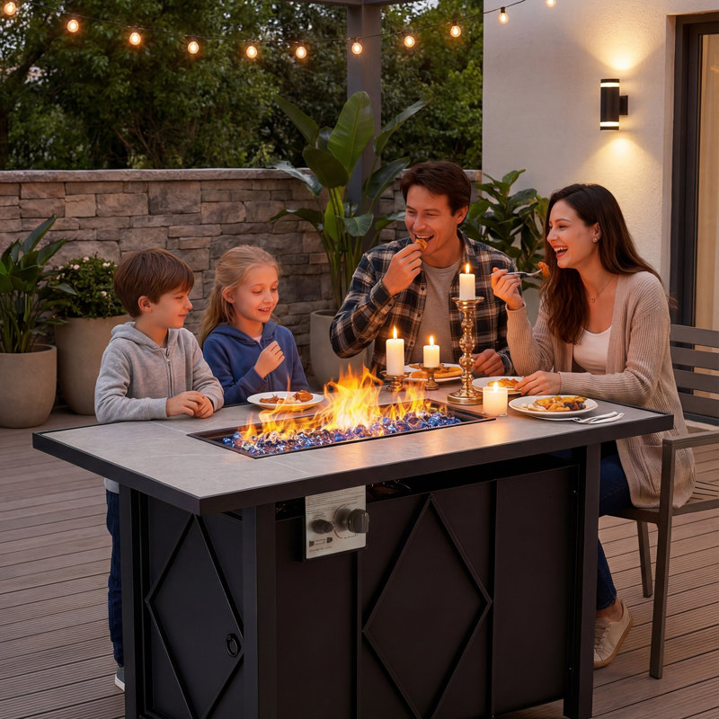 43" Rectangular Propane Fire Pit Table, 50,000 BTU Auto-Ignition Outdoor Gas Fireplace with Lid and Lava Rocks, Black