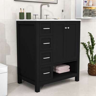 30" Bathroom Vanity with Ceramic Sink Top, 2 Drawers and Open Shelf Storage