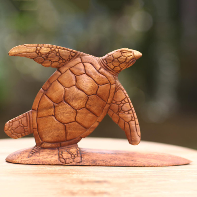 Wood Turtle on Surf Board Sculpture