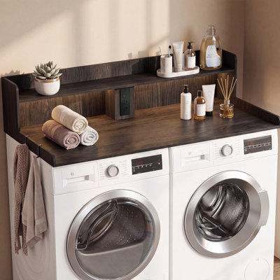 2-Tier Washer Dryer Countertop with Power Outlet, LED Lights, Foldable Storage Basket, 2 Hooks