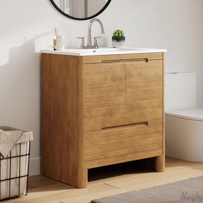 Meuble-lavabo moderne 30 po avec lavabo en céramique, grain de bois naturel, structure en bois massif, portes et tiroir à fermeture en douceur, tablette réglable, ensemble tout-en-un, chêne