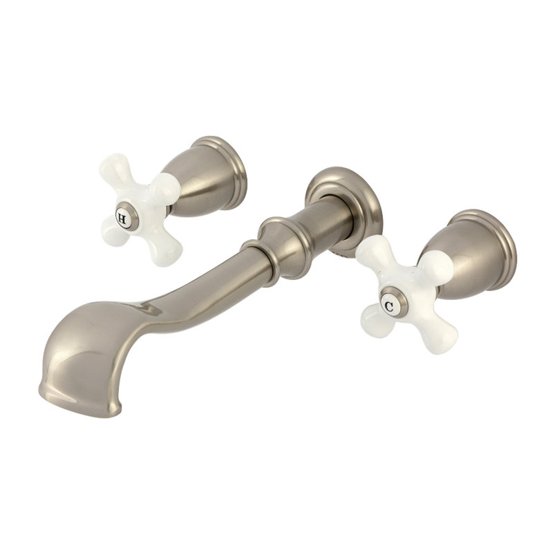 Kingston Brass Two-Handle 3-Hole Wall Mount Roman Tub Faucet, Cross, Brushed Nickel/White