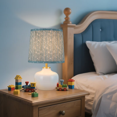 15 Inch Decorative Glass Table Lamp, Milky White Base with Teal Floral Shade for Bedroom or Nursery