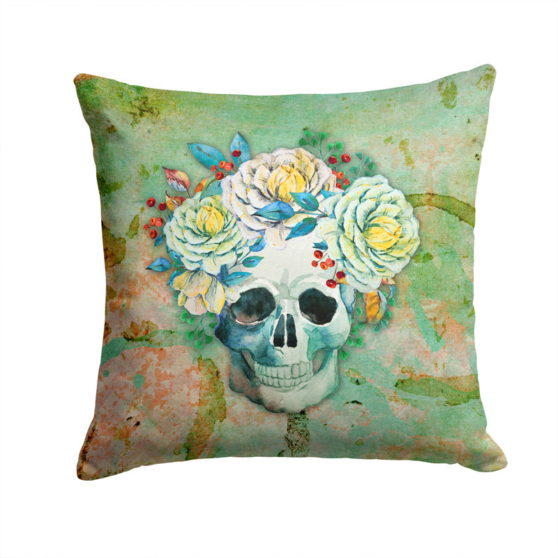 Coussin intérieur/extérieur crâne avec fleurs, 14 po x 14 po