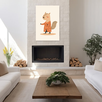 Happy Squirrel In Coat Modern Playful Contemporary Squirrel Autumn Forest Wall Art Print by Mathieu - Wrapped Canvas Print