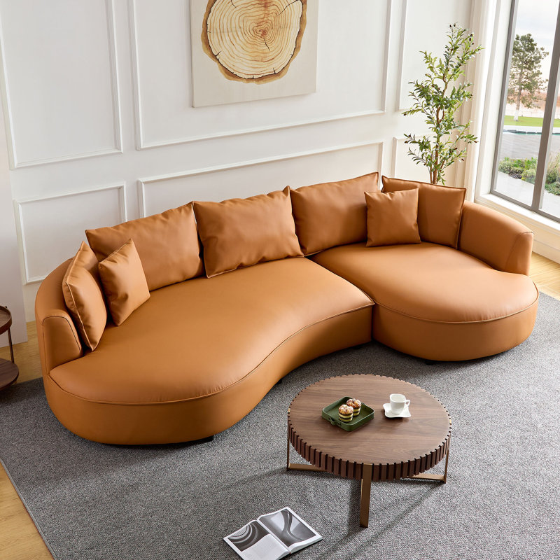 Faux Leather Curved Sectional Sofa, Right Hand Facing, Orange Faux Leather