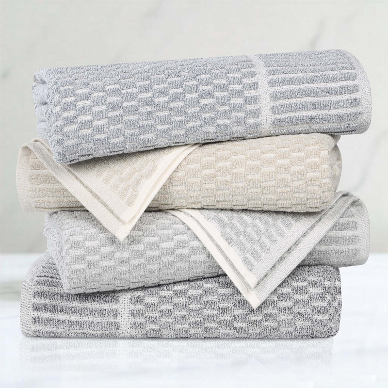 Beige Cotton Blend Textured Checkered Hand Towels, 30" x 16"