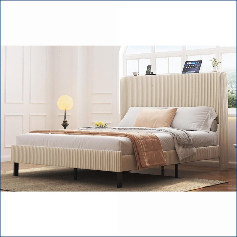 Structure de lit plateforme pleine grandeur en métal avec station de charge, beige sans bruit, aucun sommier nécessaire pour la chambre à coucher