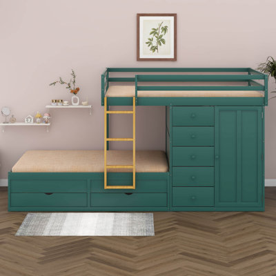 Lit superposé double avec 7 tiroirs de rangement et petite armoire, lit superposé moderne