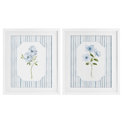 Blue Blooms & Stripes  2pc Framed Print Under Glass Set, design by Tava Studios