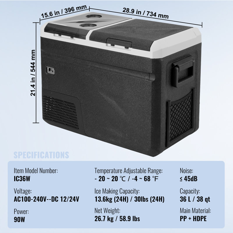 VEVOR 38QT Dual Zone Portable Car Refrigerator Freezer with Ice Maker