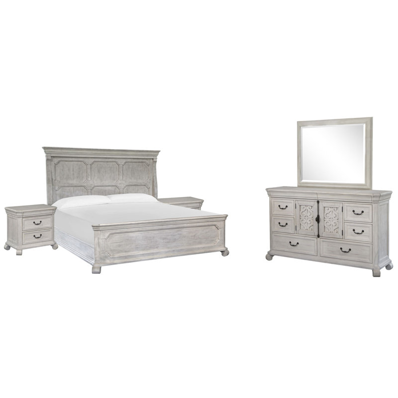 Grand lit à panneau 2 tables de chevet et commode avec miroir