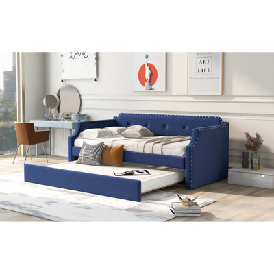 Blue Twin Upholstered Daybed With Trundle - Linen Fabric, Wood Slat Assembly For Setup, Bed