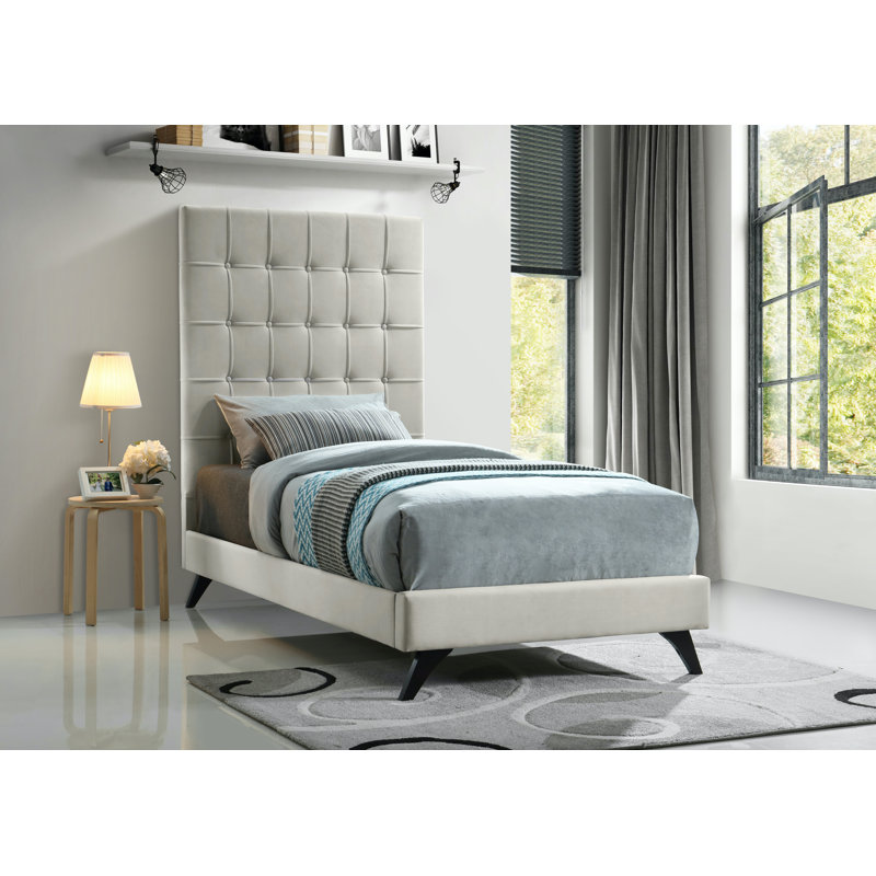 Lit plateforme tapissier Elly, Velours crème, Lit simple