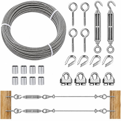 50 Ft 7X7 Stainless Steel Cable Rope Kit With M6 Turnbuckles, Adjustable Wire Rope For Hanging Planters, String Lights, Clothesline, Outdoor Garden Diy Decor