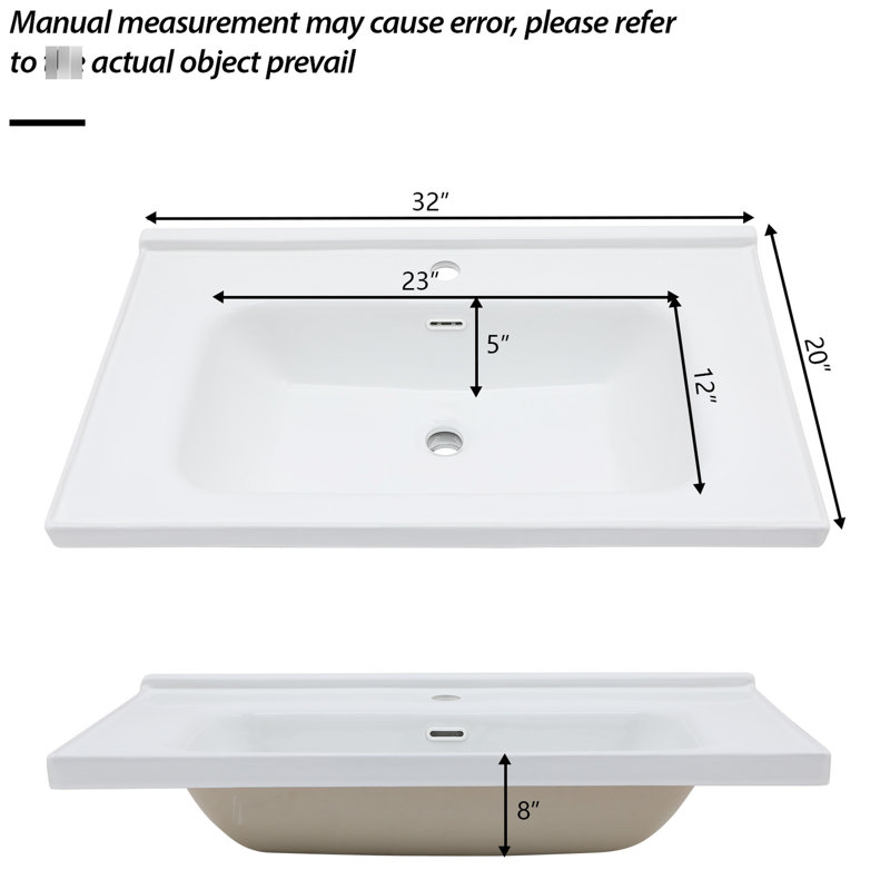 Lavabo de meuble-lavabo rectangulaire blanc 32 po x 20 po avec 1 trou de robinet et trop-plein, teinture, fabrication en céramique, faible absorption d'eau, surface polie à l'acide, beaucoup d'espace pour le matériel de toilette, lisse