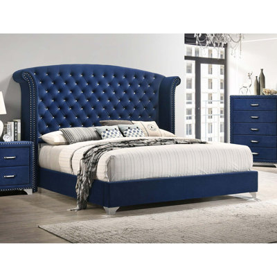 Queen Wingback Bed with High-Back Support, Tufted Fabric Upholstery